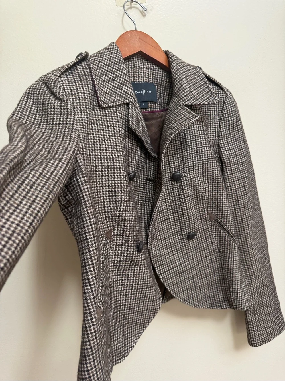 Cole Haan Houndstooth Peacoat Jacket - Brown & Cream